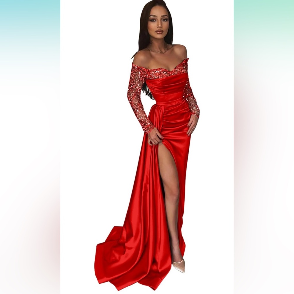 Off The Shoulder  with Slit Red Long Sleeve Bridesmaid Satin
Size 12
